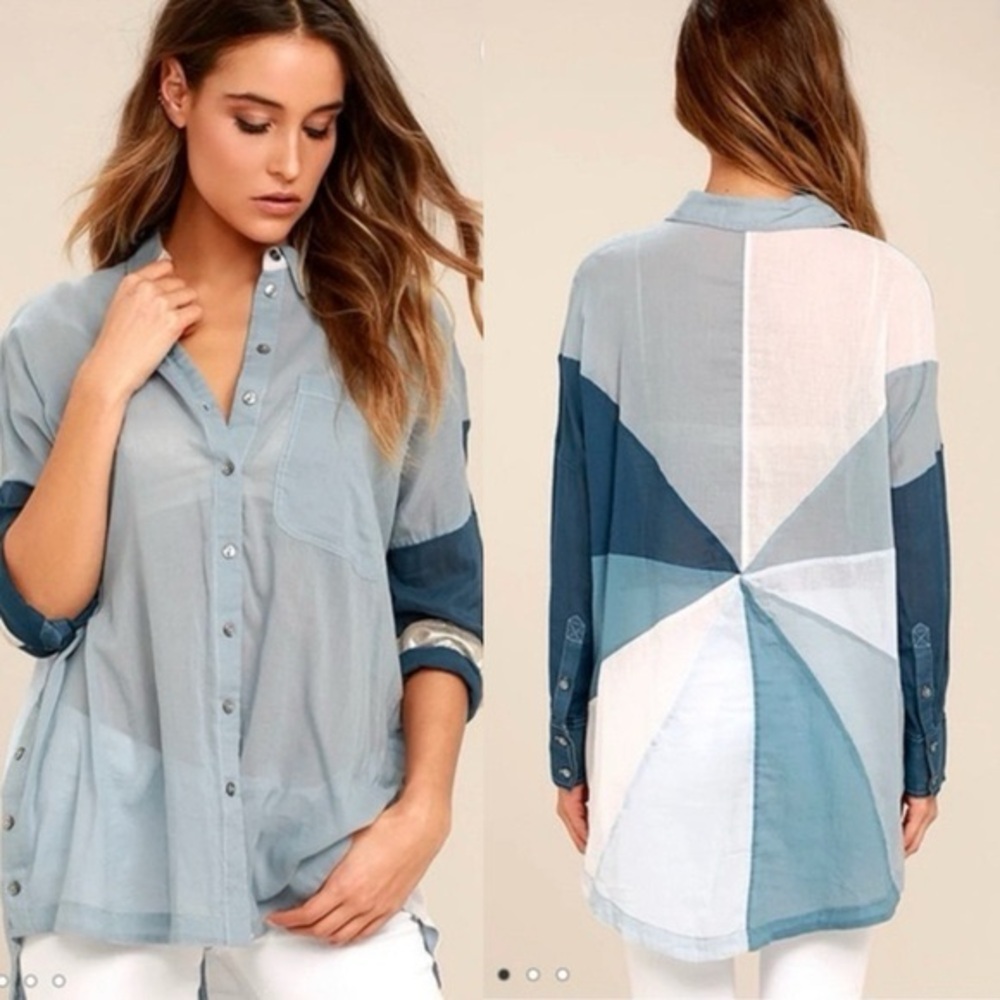Free People Blue Patchwork Button-Down Shirt